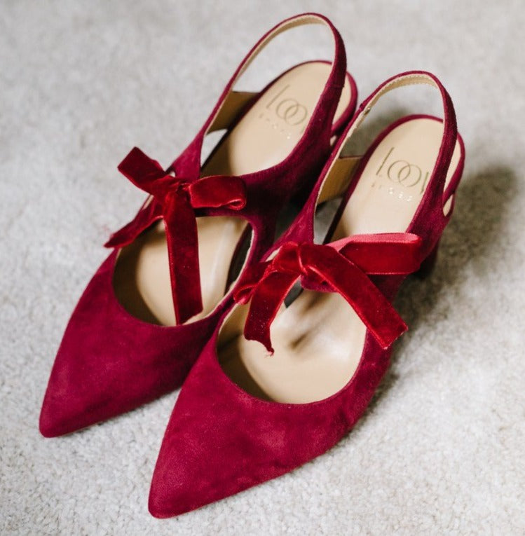 Zoe Granate-tipo salón-ante, liso, novia, salón, tacón de 7.5, terciopelo, zapatos de color granate, zoe-Loovshoes