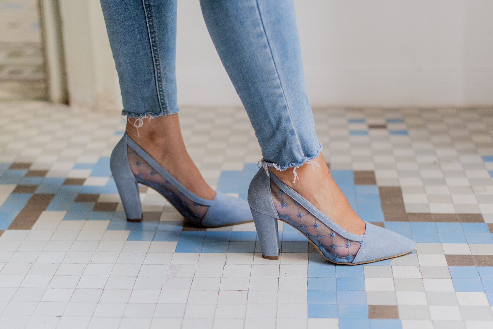 Mimosa Cruz Azul-tipo salón-ante, liso, mimosa, novia, salón, tacón de 7.5, zapatos de color azul-Loovshoes