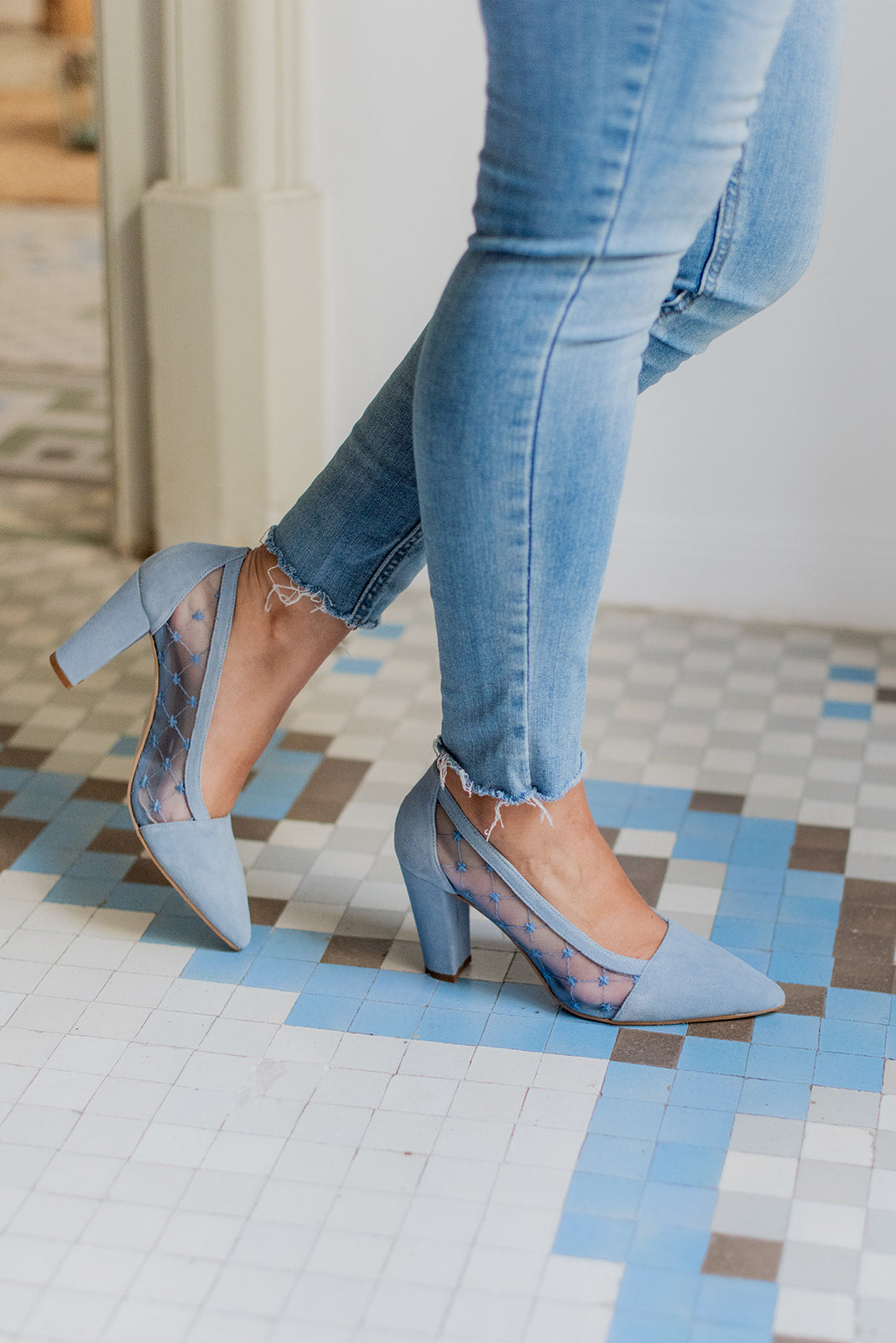 Mimosa Cruz Azul-tipo salón-ante, liso, mimosa, novia, salón, tacón de 7.5, zapatos de color azul-Loovshoes