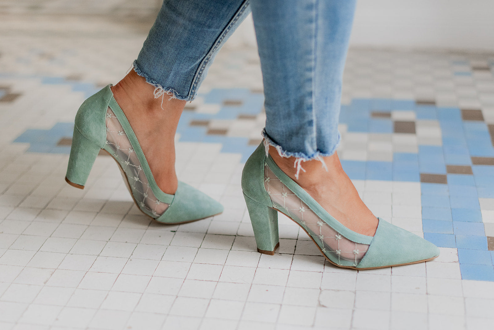 Mimosa Cruz Verde-tipo salón-ante, liso, mimosa, novia, salón, tacón de 7.5, zapatos de color verde-Loovshoes