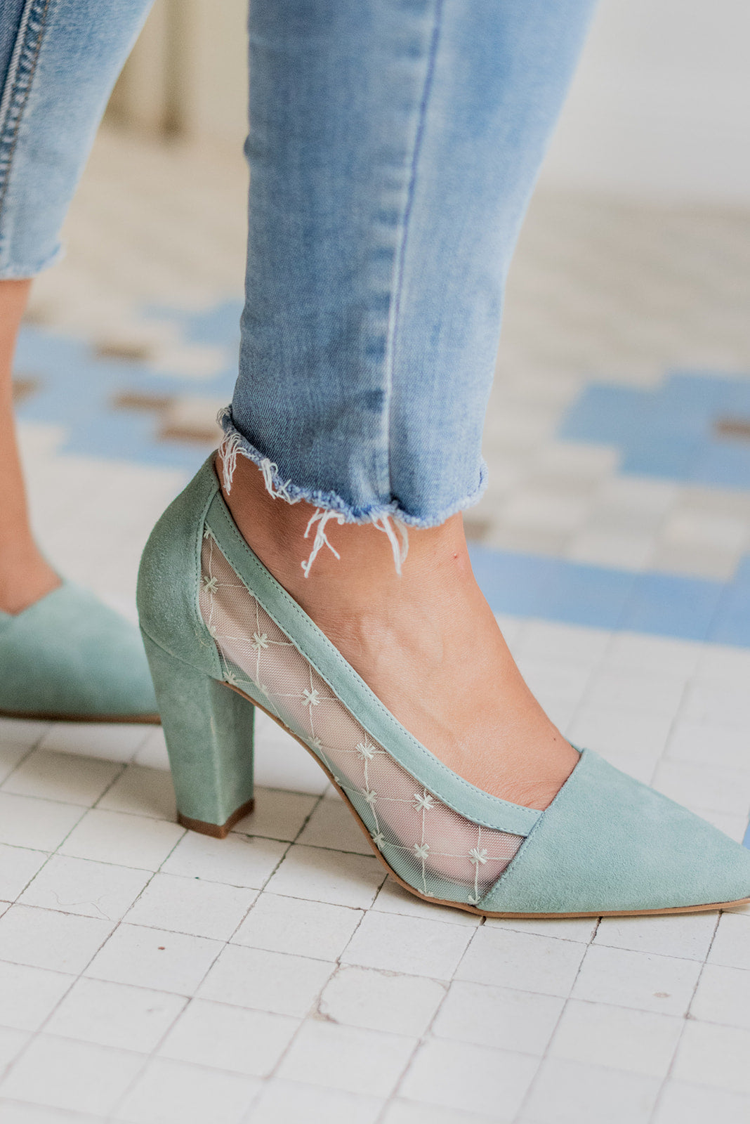 Mimosa Cruz Verde-tipo salón-ante, liso, mimosa, novia, salón, tacón de 7.5, zapatos de color verde-Loovshoes