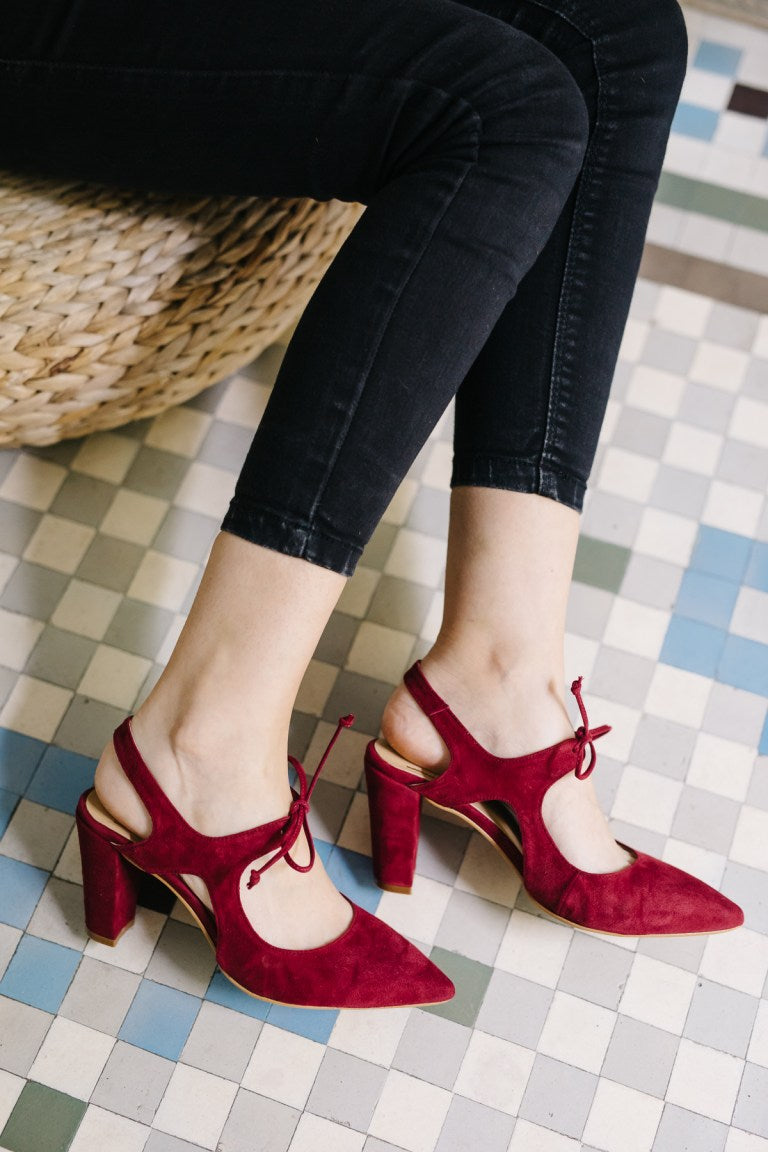 Zoe Granate-tipo salón-ante, liso, novia, salón, tacón de 7.5, terciopelo, zapatos de color granate, zoe-Loovshoes