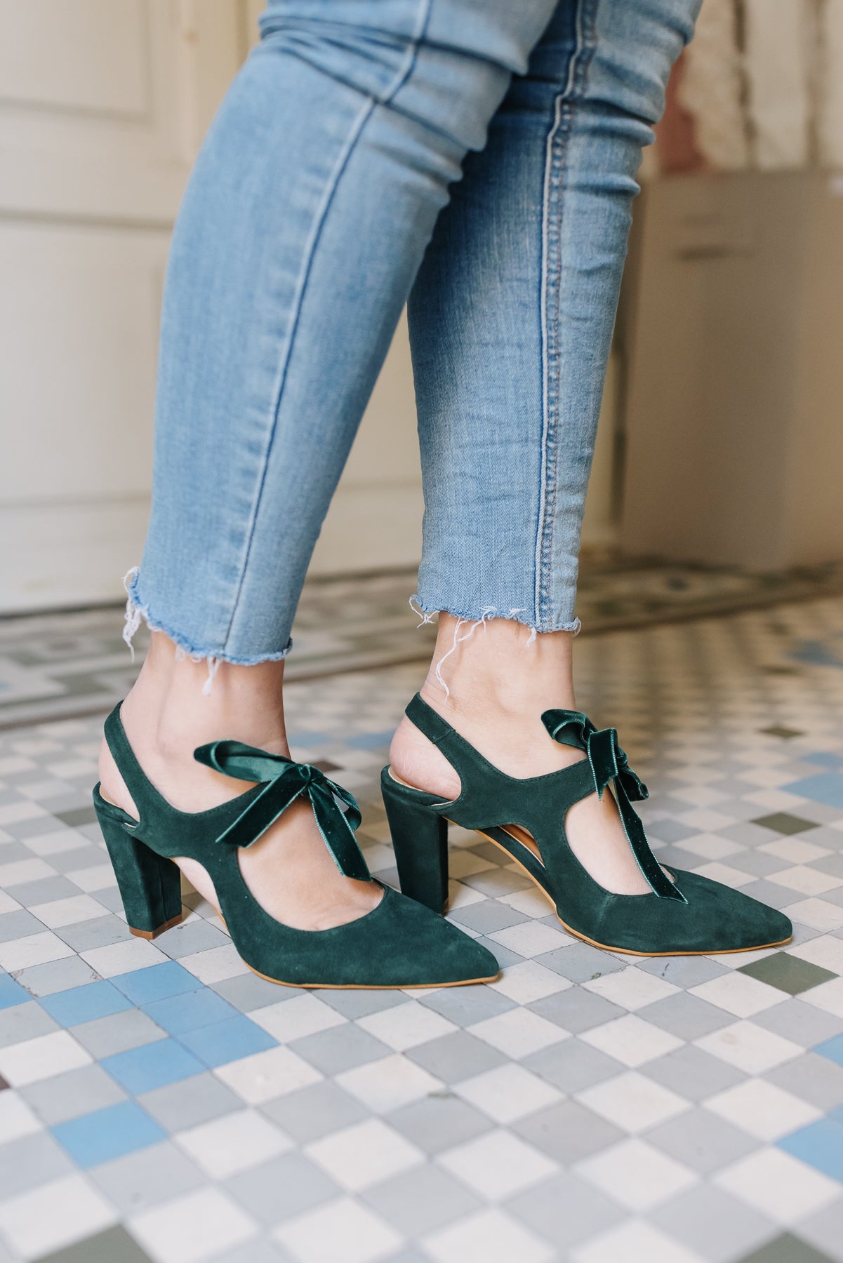 Zoe Verde-tipo salón-ante, liso, novia, salón, tacón de 7.5, terciopelo, zapatos de color verde, zoe-Loovshoes